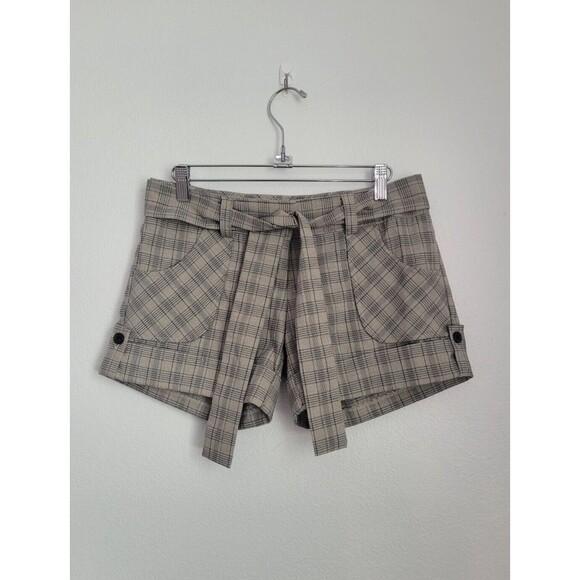 Y2K Low Rise Plaid Gray Linen Blend Shorts Belted Size 3 Preppy Academia Twee - Picture 1 of 7